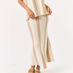 Lalavon Knit Maxi Skirt Cream Stripe Side Slit Boho Coastal Large